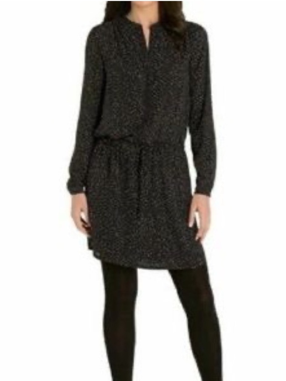 Hilary Radley Black White Dot Print Long Sleeve Tie Waist Shift Dress Small